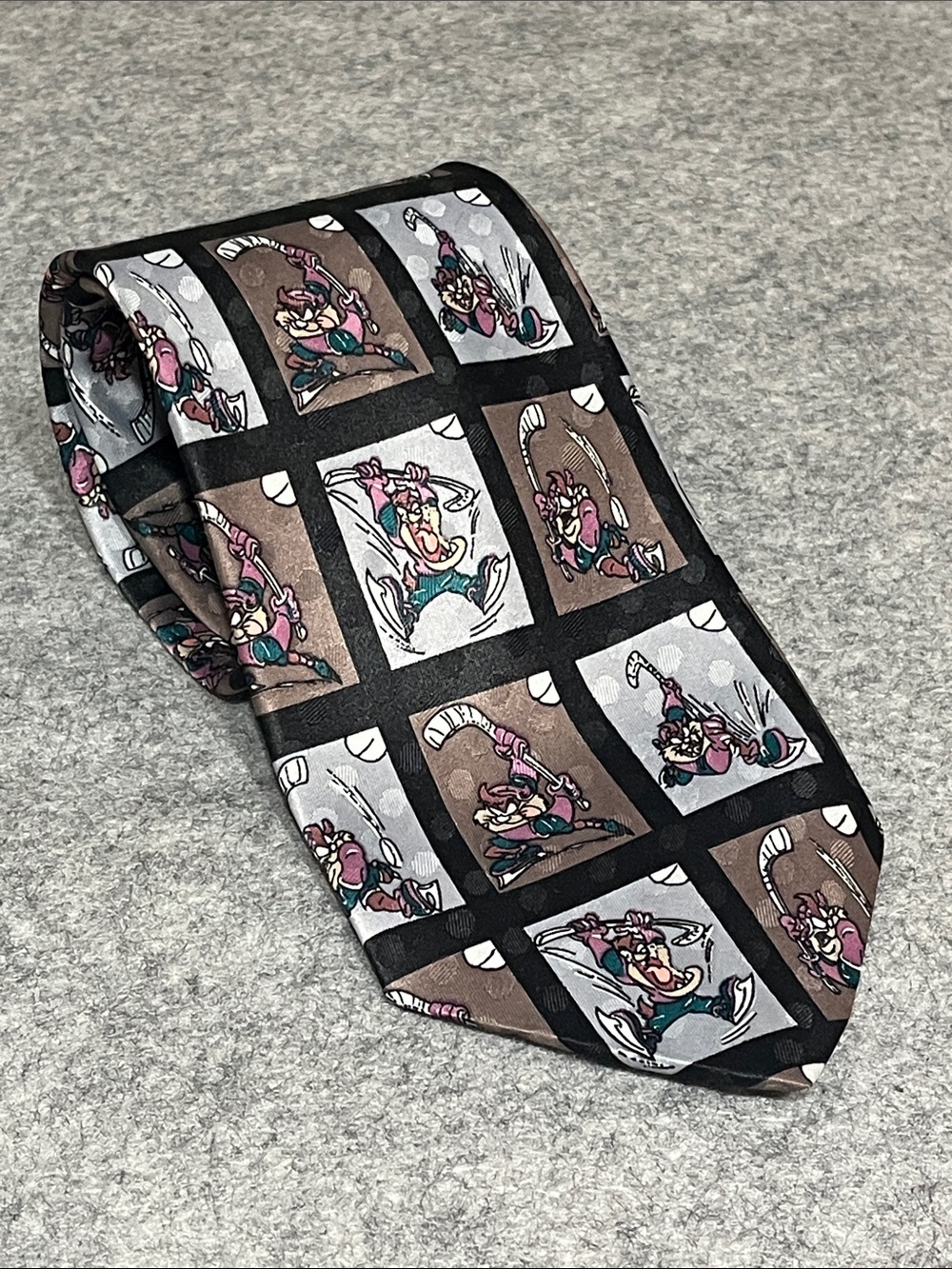 Looney Tunes Cartoon Hockey Taz Tie in Black, Brown, Gray and Pink